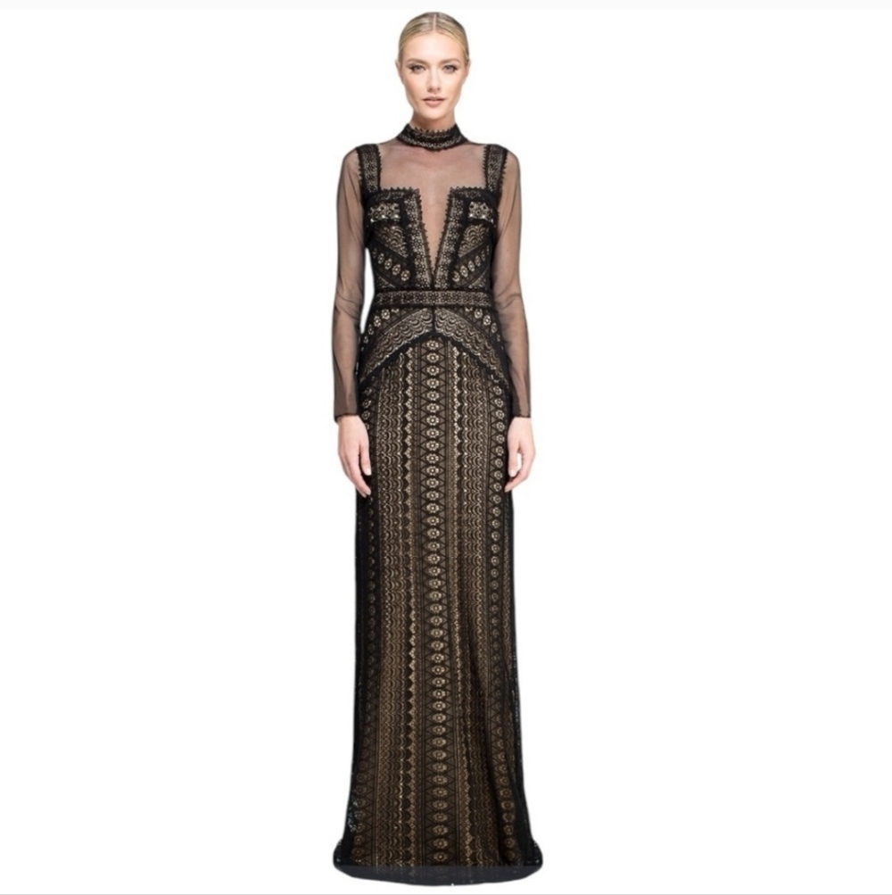 Tadashi Shoji Black Long Sleeve Formal Gown Dress Size 10